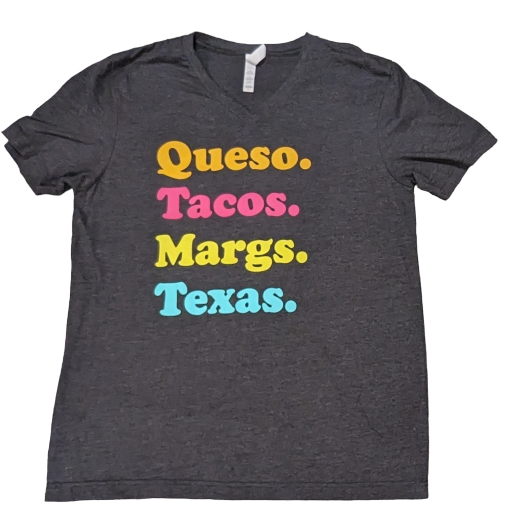 Dark Gray Graphic Crew T-shirt "Queso,‎ Tacos, Margs, Texas" Size L